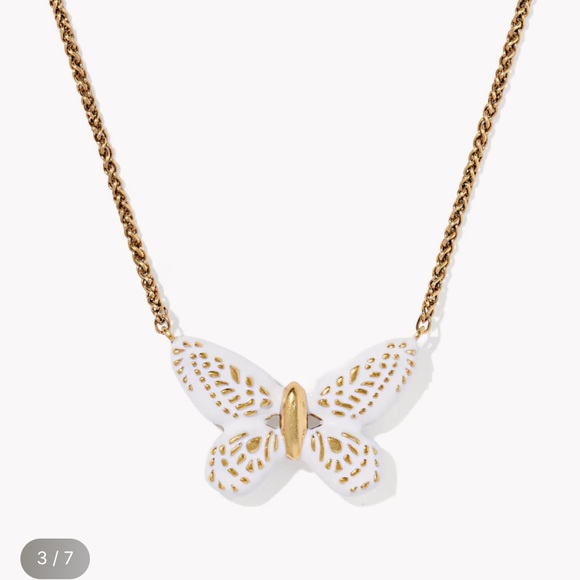Dolly Parton x Kendra Scott White Enamel Butterfly Vintage Gold Necklace NWT - Picture 3 of 12